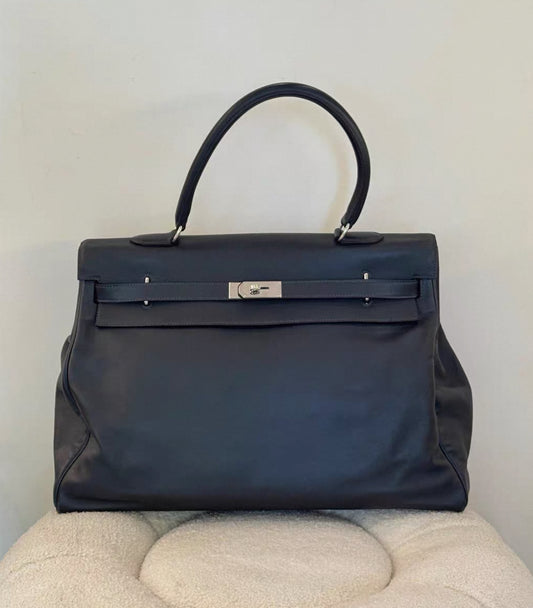 Hermes Kelly 50 relax black leather palladium hardware