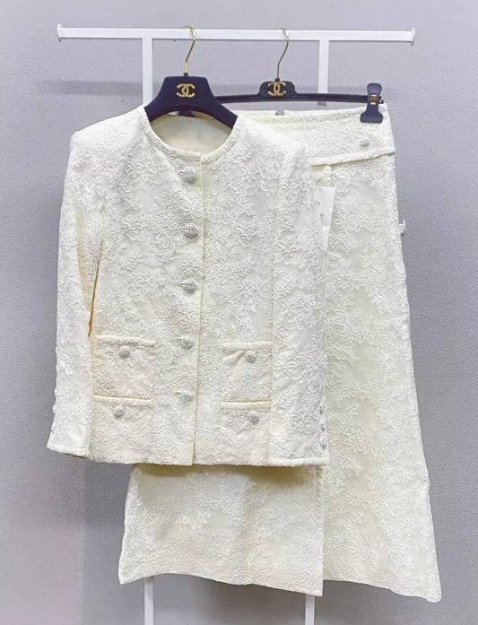 CHANEL 21C White Lace Suit Jacket + Skirt