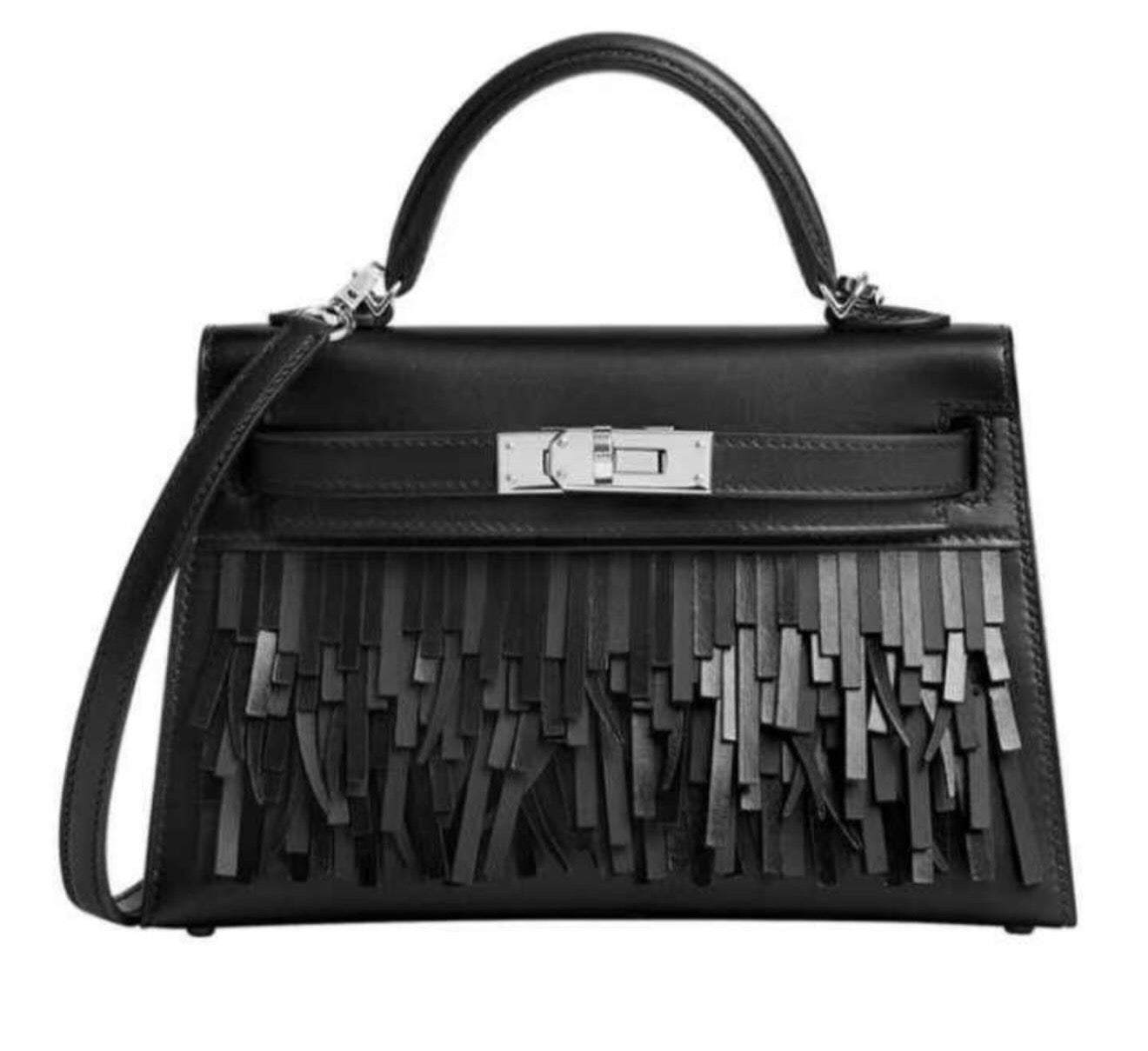 Hermes mini Kelly 20 Fringe Pampille Black Box/Swift leather palladium hardware