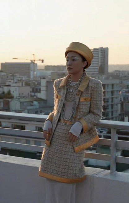 Chanel 19A gold tweed jacket and skirt set