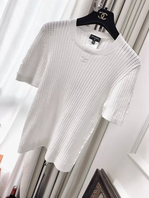 Chanel 22S Basic White Knit T-shirt Top with Small Double C Logo