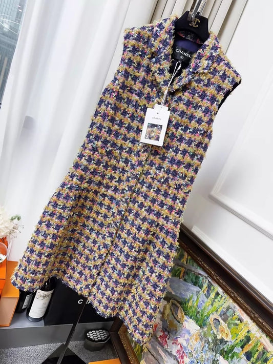 Chanel 22A Purple Glitter Houndstooth tweed Dress