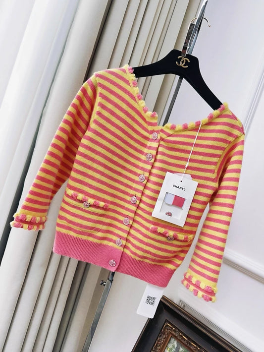 Chanel 25S yellow and orange-pink striped off-the-shoulder knit cardigan
