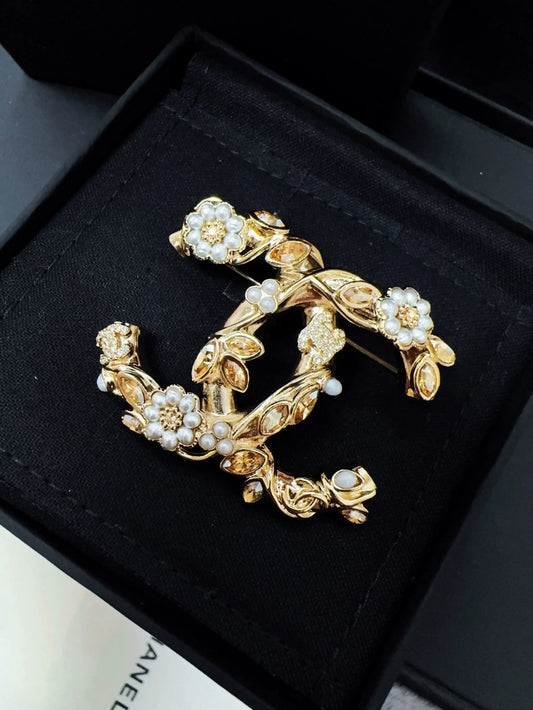 Chanel 22k light gold flower double C large brooch
