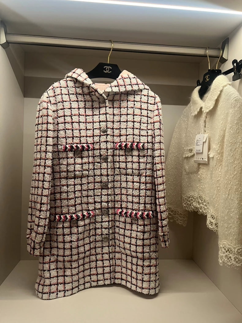 Chanel 24S pink/ecru tweed hooded jacket