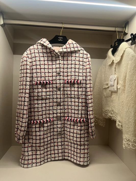 Chanel 24S pink/ecru tweed hooded jacket