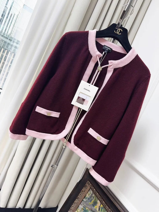 Chanel 25A burgundy and pink cashmere cardigan