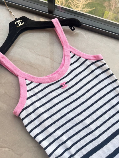 Chanel 24s Pink, Black and White Striped Knit Dress