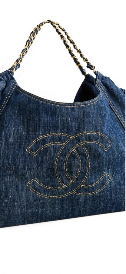 Chanel Blue Denim XL Coco Cabas Timeless Tote Bag with Pochette