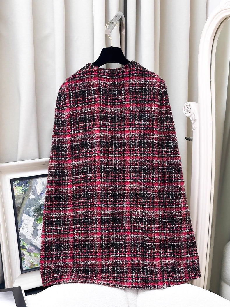 Chanel 24A red and black check tweed cape coat