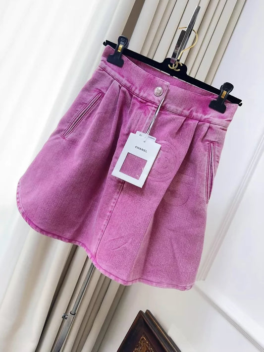 Chanel 23C Pink Denim Mini Skirt