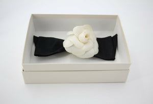 Chanel Vintage 81-85 Satin Silk Black Camellia Bow Hair Clip