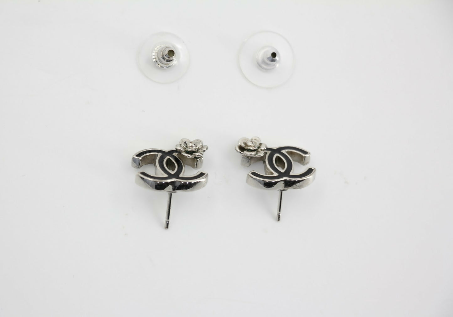 Chanel Vintage 07P Metal Black and Silver Camellia Stud Earrings