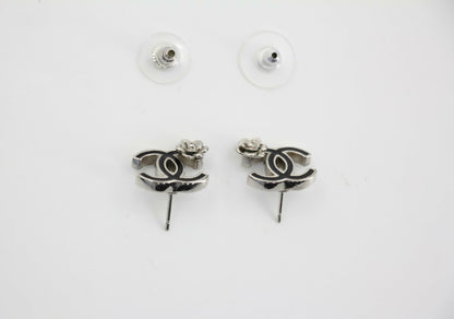 Chanel Vintage 07P Metal Black and Silver Camellia Stud Earrings
