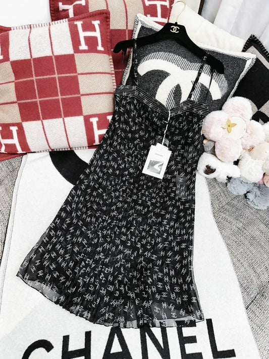 Chanel 20S black and white silk printed dress