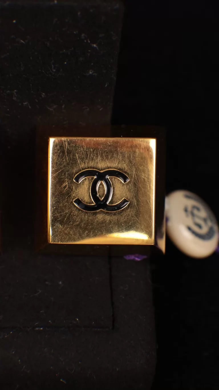 Chanel 1991 Gold Cube Double C Clip-on Earrings