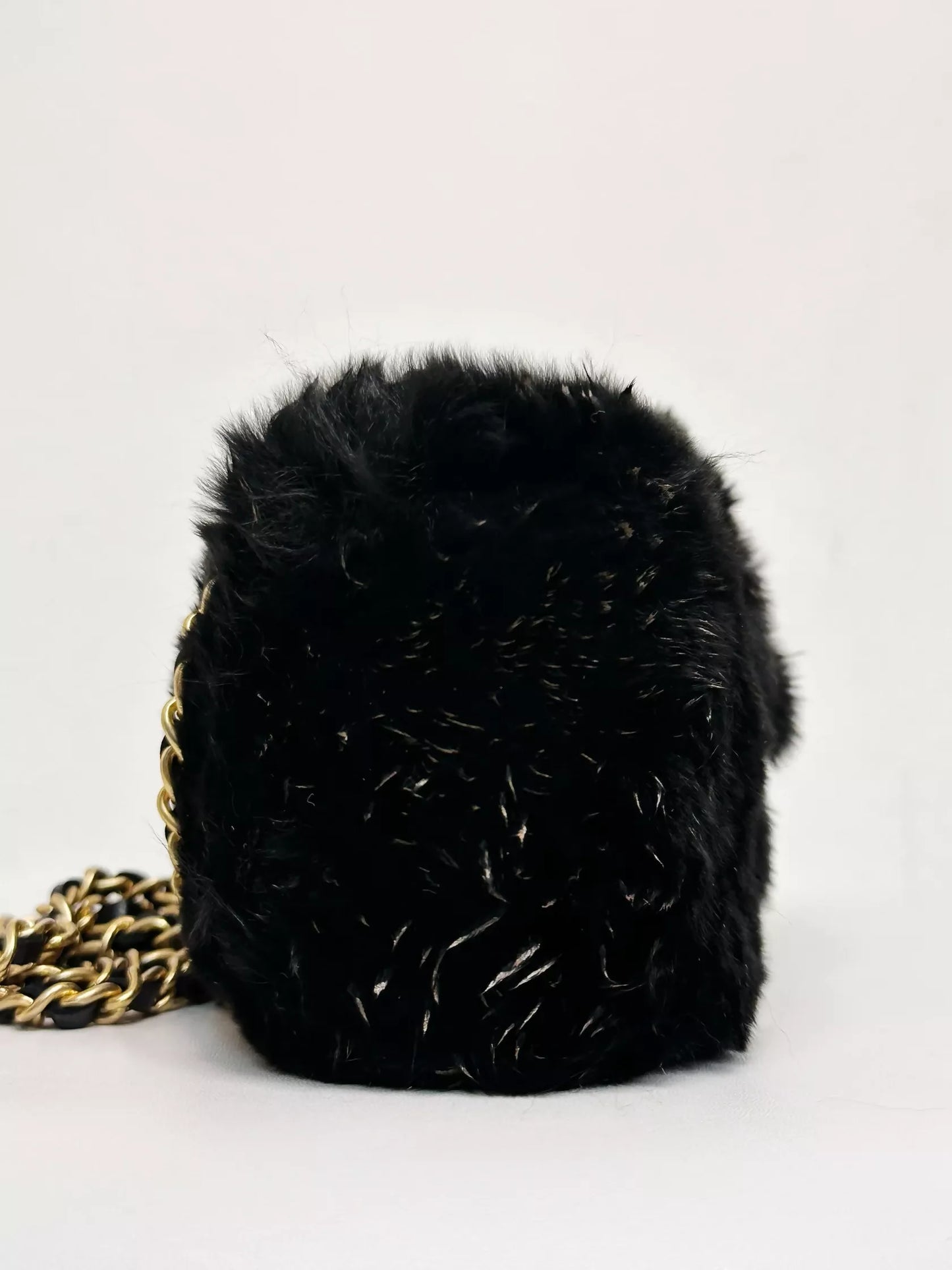 Chanel Black Rabbit Fur Chain Clutch with Gold CC Logo