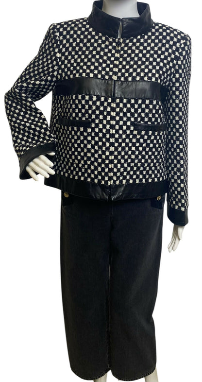 Chanel 17B Metropolitan Checker Sequin Leather Trim Zip Up Jacket FR 42