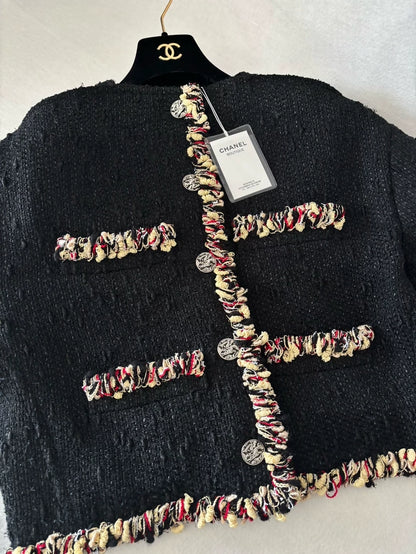 Chanel 26S Black Tweed Cocoon Jacket with Colorful Ribbon