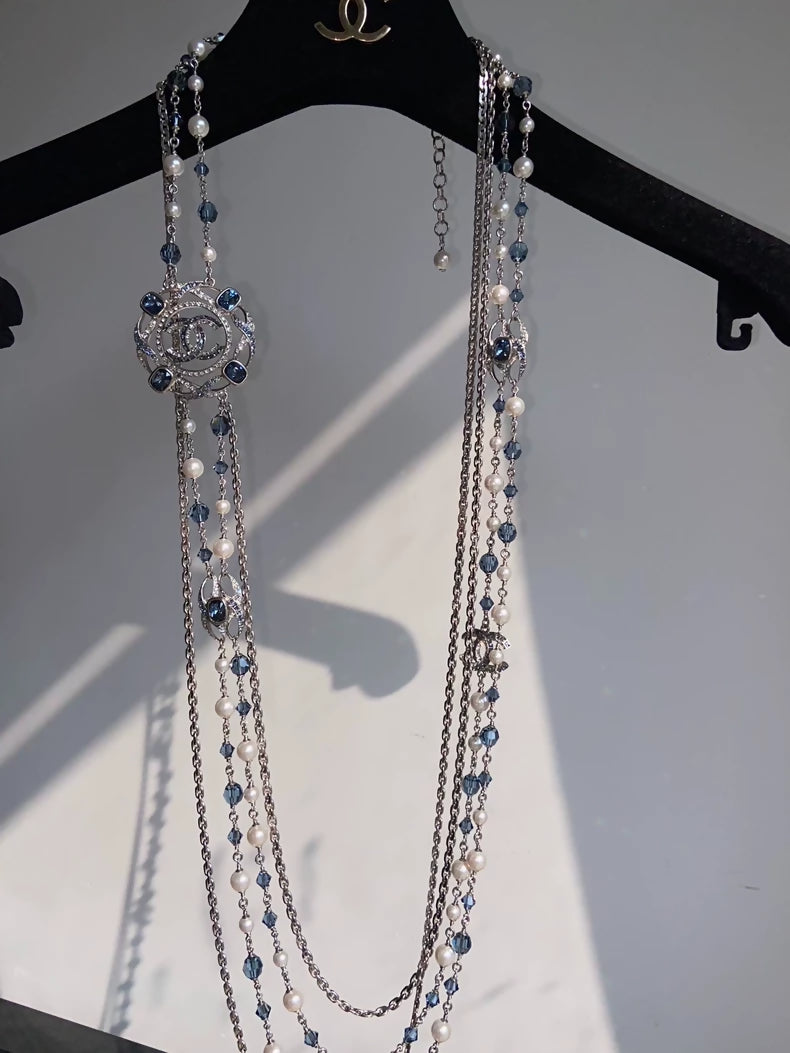 Chanel 2019 Blue Crystal Multi-Layer Pearl Sweater Necklace