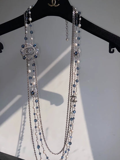 Chanel 2019 Blue Crystal Multi-Layer Pearl Sweater Necklace