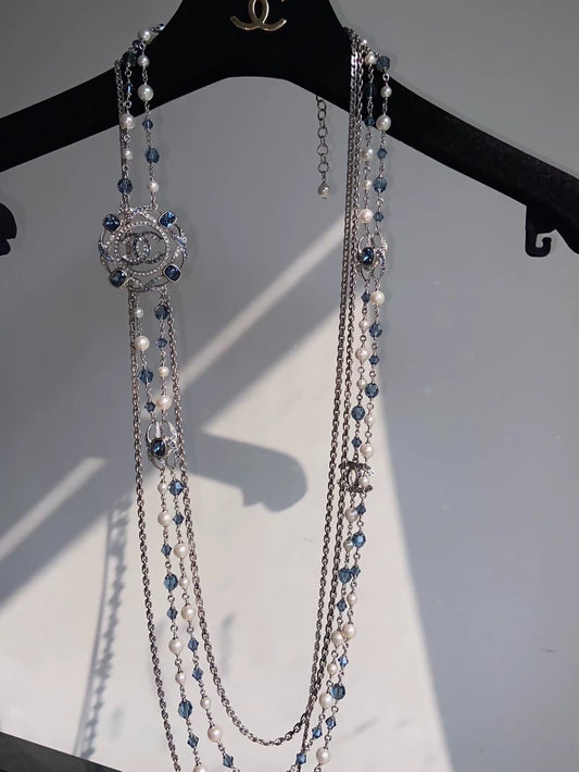 Chanel 2019 Blue Crystal Multi-Layer Pearl Sweater Necklace