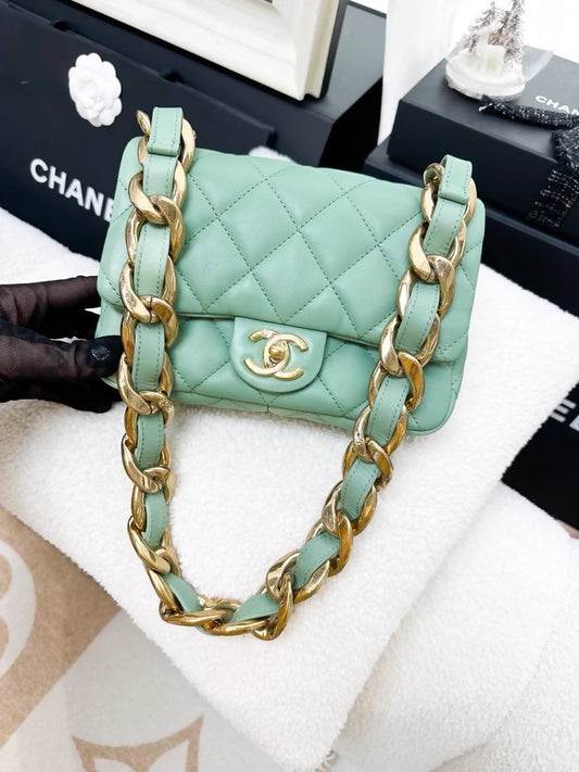 Chanel 23P mint green square chunky shoulder bag with chunky chain strap
