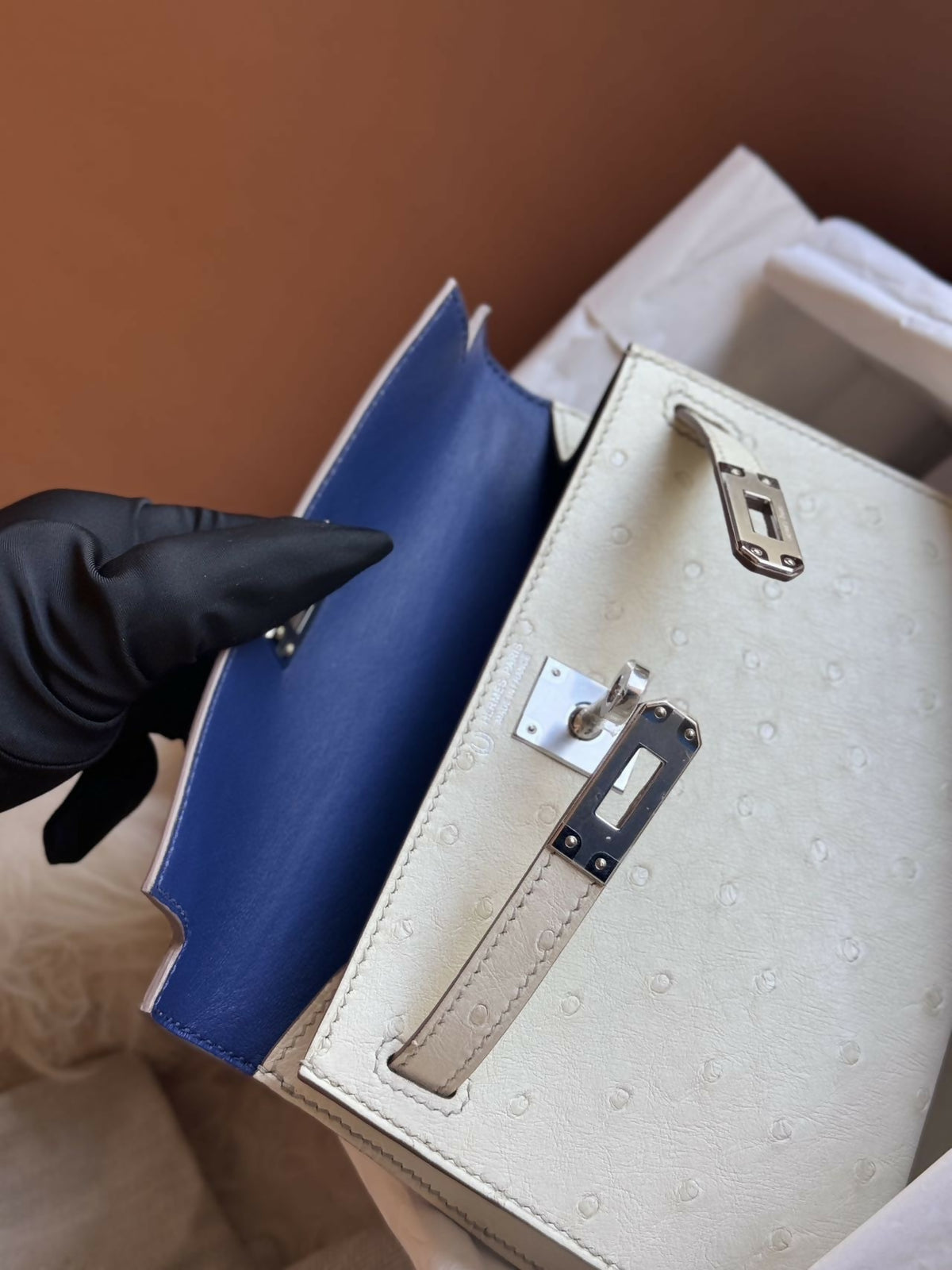 Hermès Mini Kelly II Bleu Glacier Ostrich Leather paired with Bleu Interior & Hardware B Stamp