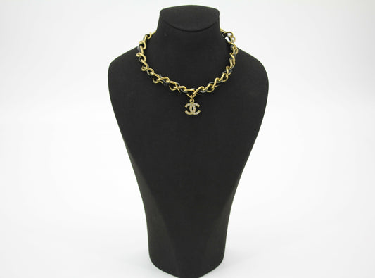 Chanel Vintage 95P Rhinestone Gold-plated Black Leather Chain CC Choker