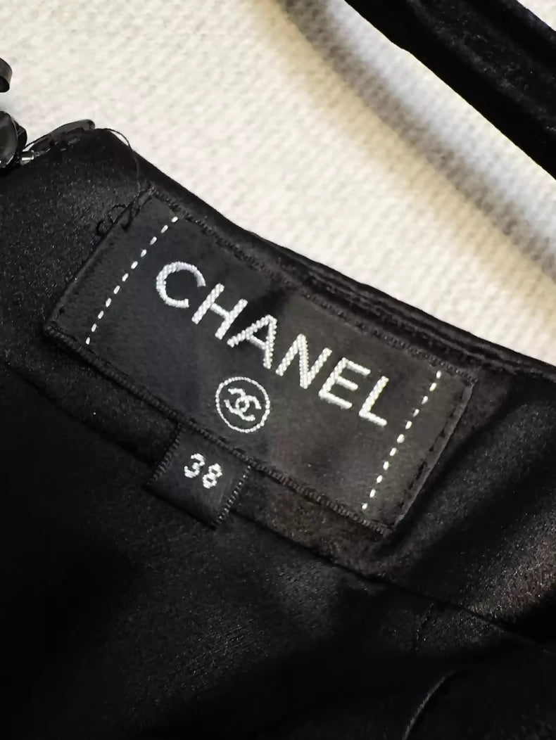 Chanel 20A Black Satin Camellia Skirt
