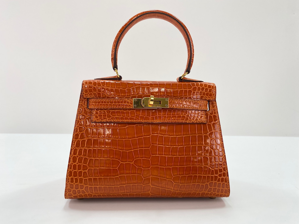 Hermès Mini Kelly I Orange Porosus Crocodile Lisse with Gold Hardware