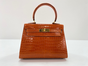 Hermès Mini Kelly I Orange Porosus Crocodile Lisse with Gold Hardware