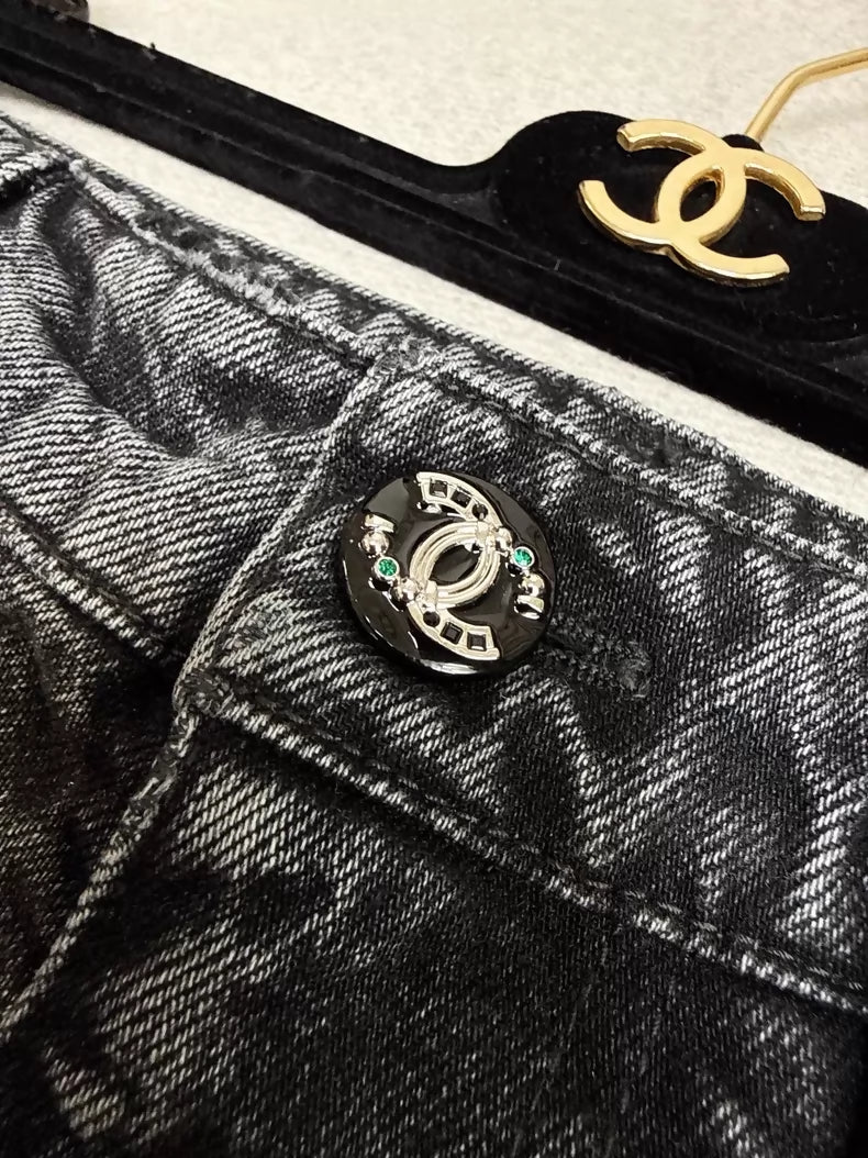 Chanel 26A dark grey wide-leg jeans with large double C logo pockets