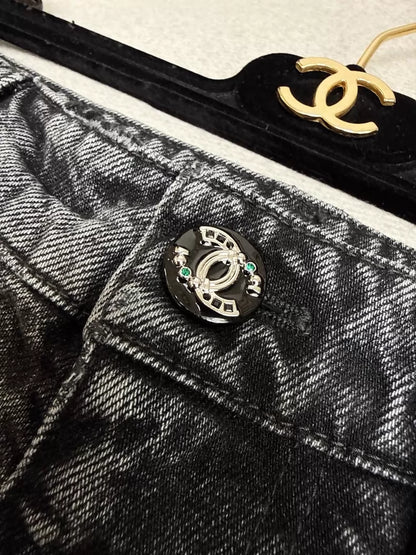 Chanel 26A dark grey wide-leg jeans with large double C logo pockets