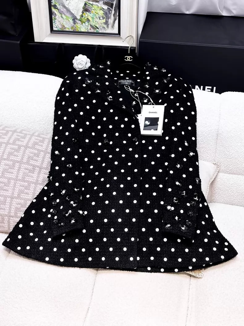 Chanel 23SS black tweed with polka dots dress