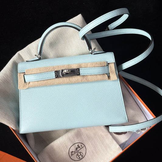 Hermès Mini Kelly 20 Bleu Brume Epsom with Palladium Hardware