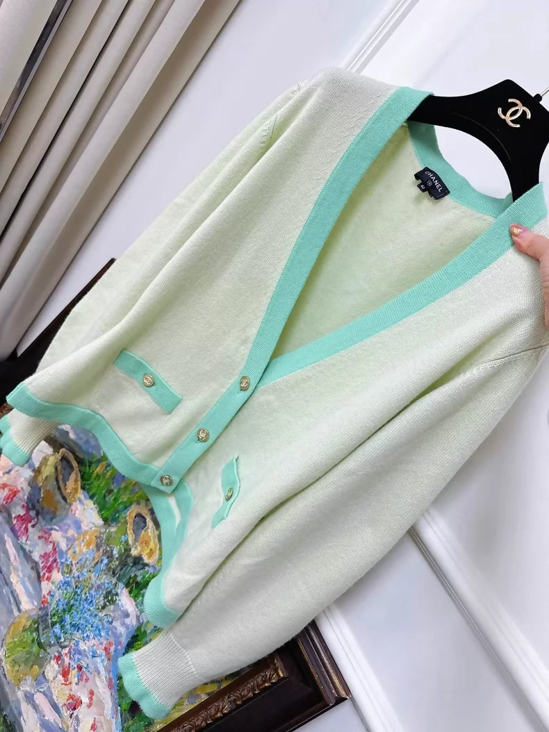 Chanel 23S Mint Green Cashmere Knit Cardigan