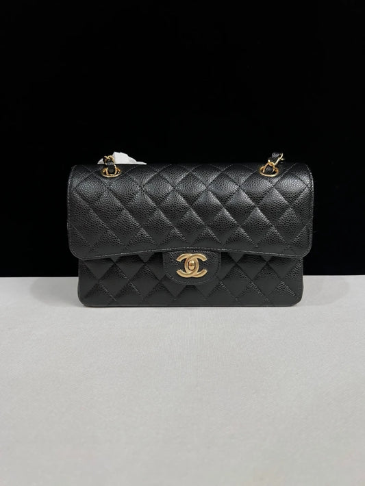 CHANEL Black lychee leather Gold hardware CF Shoulder Bag
