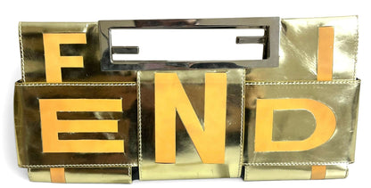 Rare Vintage Fendi 2007 Limited Edition Metallic Gold Patent Leather Crossword Clutch Bag