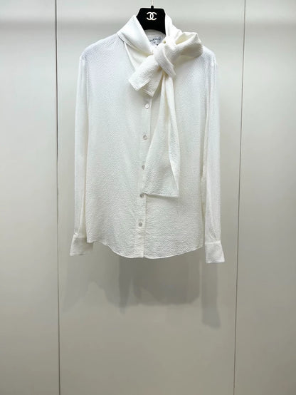 Chanel 26P off-white Double C Print Silk Ribbon Shirt