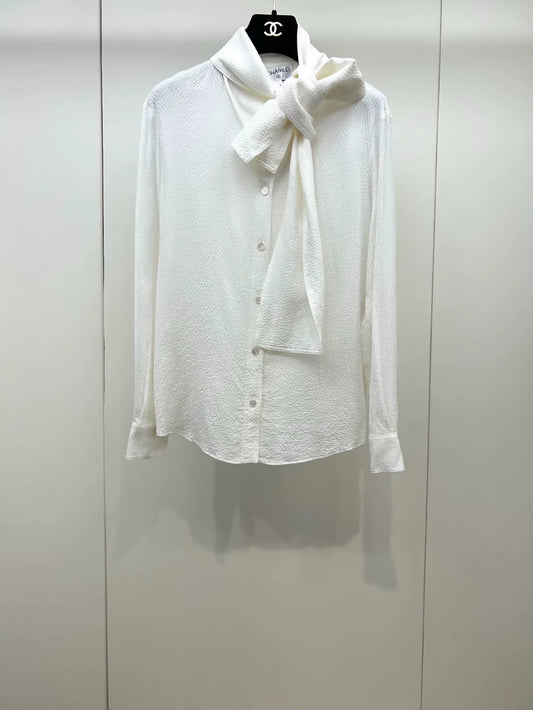 Chanel 26P off-white Double C Print Silk Ribbon Shirt