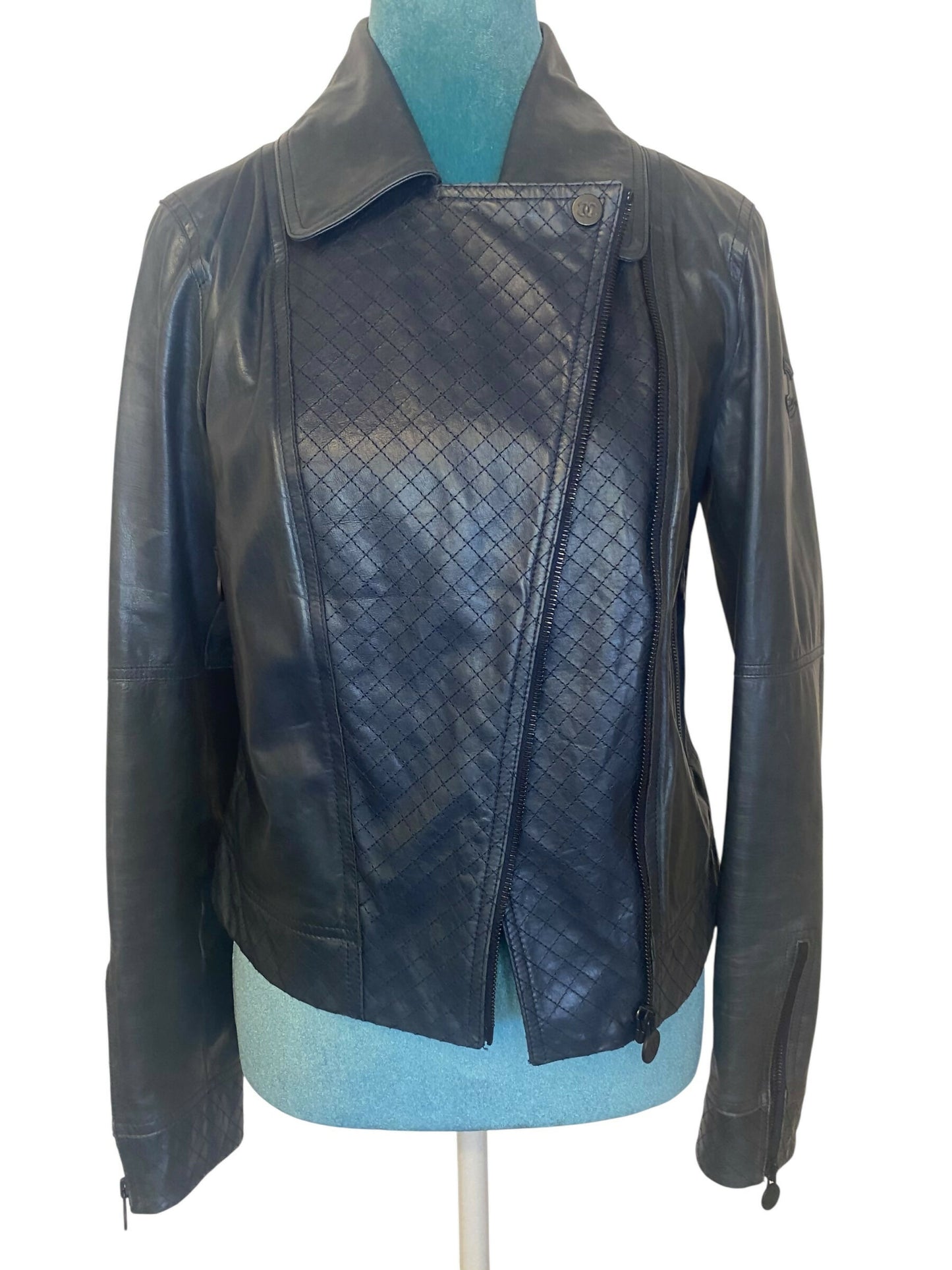 Chanel 12P Navy Blue Petrol Quilted Leather Biker Jacket FR 36