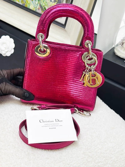 Lady Dior mini lizard skin electric rose pink