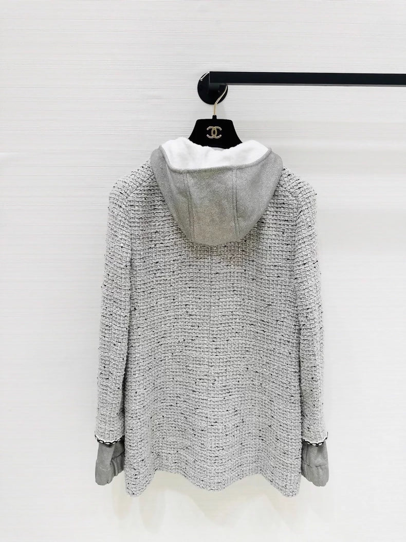 Chanel 25C light grey tweed hooded jacket