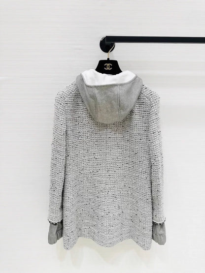 Chanel 25C light grey tweed hooded jacket
