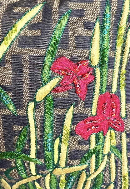 FENDI Garden Floral Embroidered Beaded Pony Hair Zucca FF Mamma Baguette Bag
