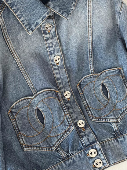 Chanel 24P Heart-shaped Double C Pocket Rhinestone Button Denim Jacket