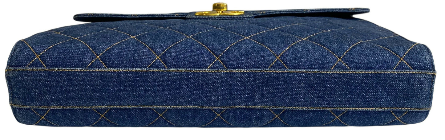 Chanel Vintage 1996 XL Blue Denim Quilted Jumbo Top Handle Briefcase Handbag