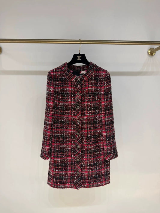Chanel 24A Red and Black Check Tweed Midi Coat Dress