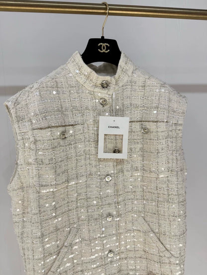 Chanel 25S Ecru Tweed Sequin Cardigan